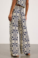 Abril Navy and Ivory Boho Print Wide-Leg Pants