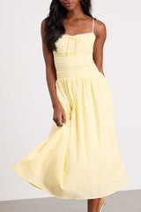 Elina Light Yellow Pleated Midi Dress