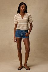 Bebe Beige Striped Crochet Collared Top