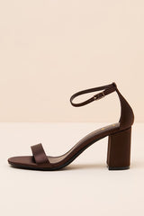 Arylee Dark Brown Satin Ankle Strap Heels