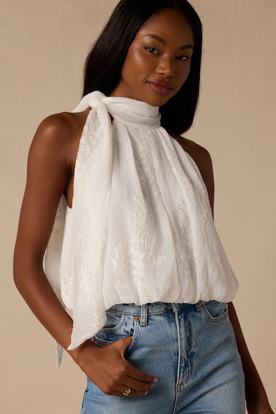 Charlie Ivory Textured Mock Neck Sash Top