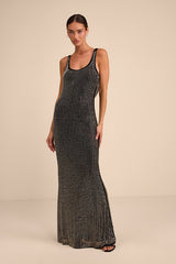 Tashi Black Mesh Cowl Back Rhinestone Maxi Dress