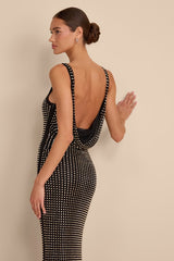 Tashi Black Mesh Cowl Back Rhinestone Maxi Dress