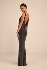 Tashi Black Mesh Cowl Back Rhinestone Maxi Dress