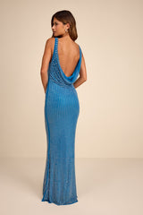 Tashi Blue Mesh Cowl Back Rhinestone Maxi Dress
