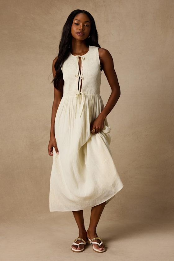 Nala Ivory Smocked Tie-Front Midi Dress