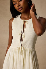 Nala Ivory Smocked Tie-Front Midi Dress