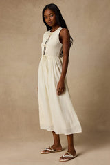 Nala Ivory Smocked Tie-Front Midi Dress