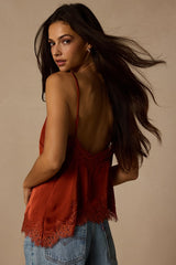 Selena Rust Satin Lace Cami Top