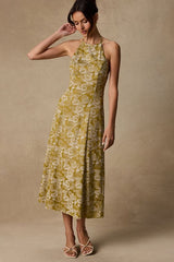 Caida Chartreuse Floral Satin Halter Midi Dress