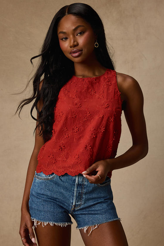Pleasant Personality Rust Floral Embroidered Crew Neck Tank Top