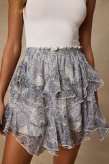 Tiana White and Blue Paisley Tiered Mini Skirt