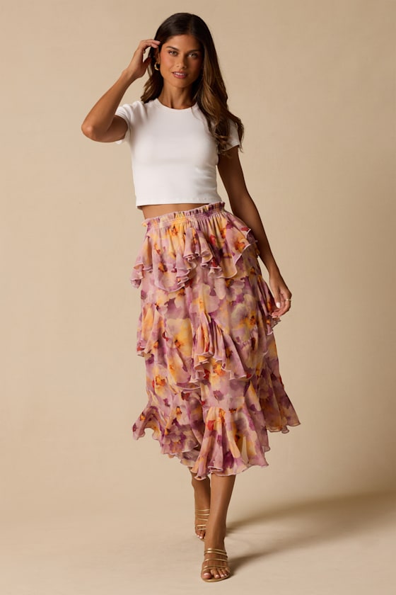 Pavinna Mauve Floral Print Tiered Ruffle Maxi Skirt
