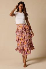 Pavinna Mauve Floral Print Tiered Ruffle Maxi Skirt