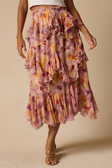 Pavinna Mauve Floral Print Tiered Ruffle Maxi Skirt