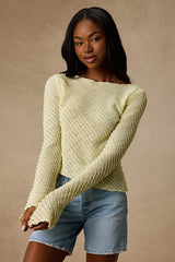 Xavia Light Yellow Ruffled Knit Asymmetrical Long Sleeve Top
