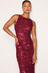 Taylin Berry Red Floral Applique Backless Midi Dress