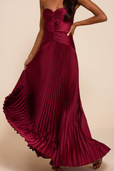 Elkay Burgundy Pleated Satin Drop Waist Maxi Dress