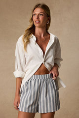 Classic Ivory and Navy Striped Linen Beach Shorts