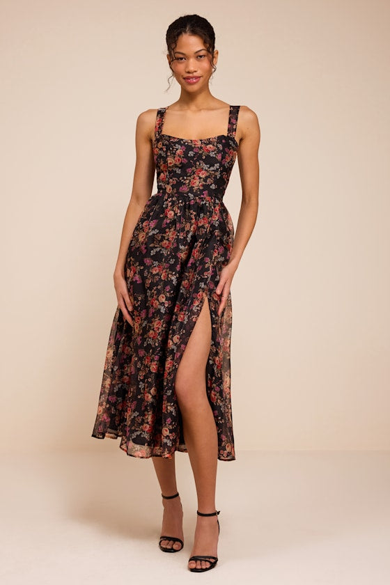 Francesca Black Floral Sleeveless Midi Dress