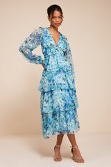 Macy Light Blue Multi Floral Tiered Midi Dress