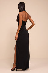 Baani Black Column Halter Maxi Dress