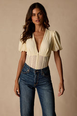 Properly Trendy Cream Mesh Puff Sleeve Bodysuit