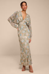 Azalea Sage Multi Floral Long Sleeve Midi Dress