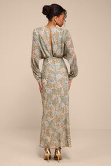 Azalea Sage Multi Floral Long Sleeve Midi Dress
