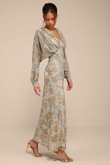 Azalea Sage Multi Floral Long Sleeve Midi Dress