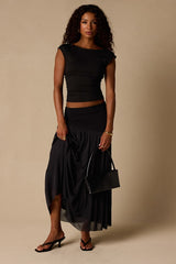 Olene Black Mixed Media Asymmetrical Maxi Skirt
