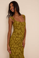 Celeste Olive Green Floral Burnout Bustier Maxi Dress