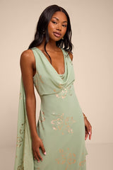 Sidonia Sage and Gold Floral Cowl Sash Maxi Dress