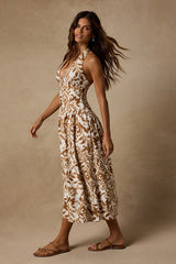 Alanna Ivory and Brown Floral Halter Midi Dress