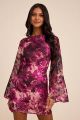 Jaleen Plum Floral Jacquard Bell Sleeve Mini Dress