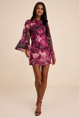 Jaleen Plum Floral Jacquard Bell Sleeve Mini Dress