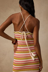 Nalani Pink Multi Striped Crochet Halter Midi Dress