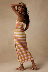 Nalani Pink Multi Striped Crochet Halter Midi Dress