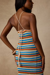 Nalani Blue Multi Striped Crochet Halter Midi Dress
