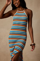 Nalani Blue Multi Striped Crochet Halter Midi Dress