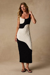 Instantly Adored Black and Ivory Color Block Textured Midi Dress