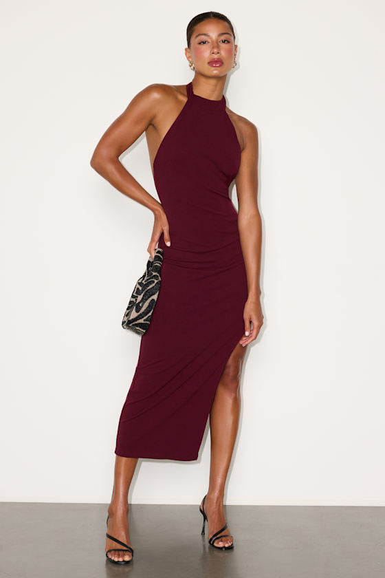 Deziree Burgundy Halter Bodycon Midi Dress