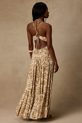Mykonos Memories Tan and Ivory Abstract Maxi Dress With Pockets