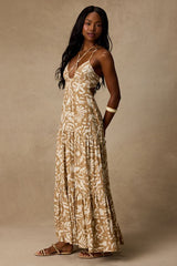Mykonos Memories Tan and Ivory Abstract Maxi Dress With Pockets