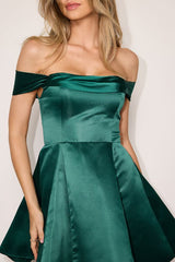 Rhylee Emerald Satin Lace-Up Off-the-Shoulder Mini Dress