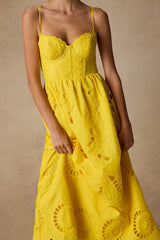 Jenora Yellow Embroidered Bustier Midi Dress