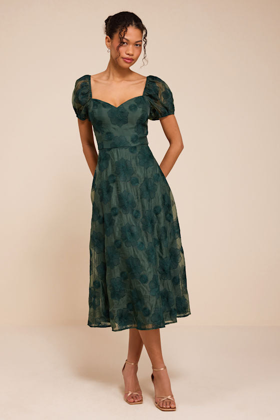 Sweetest Behavior Emerald Embroidered Puff Sleeve Midi Dress