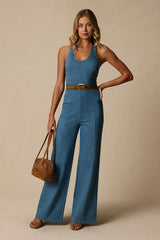 Bowie Medium Wash Denim Wide-Leg Jumpsuit
