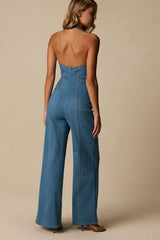 Bowie Medium Wash Denim Wide-Leg Jumpsuit