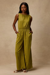Nami Chartreuse Cotton Wide-Leg Jumpsuit